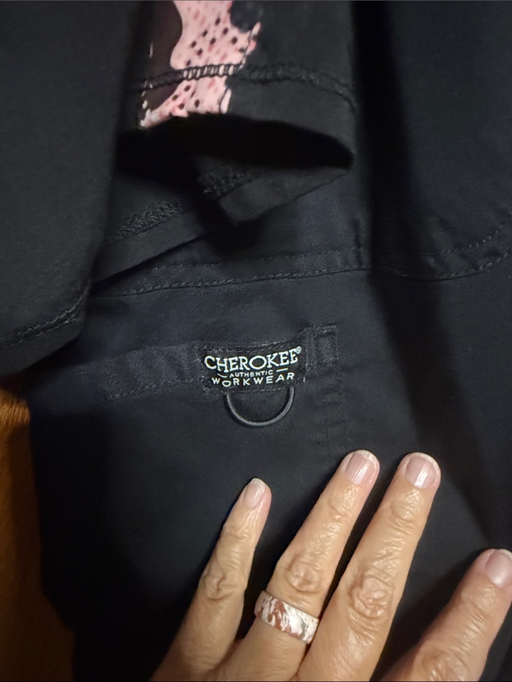Cherokee Pink and Black Leopard Print Scrub Top with Black Scrub Pants - Picture 3 of 3